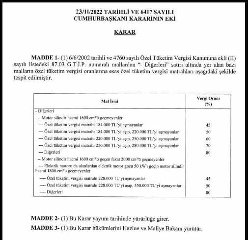 ÖTV matrah düzenlemesi Resmi Gazete 2022